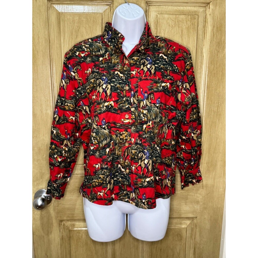 Vintage Equestrian Horse Dog Hunting Scene Cotton Button Down Red Shirt Small